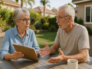 Retired couple in Orange County discussing no medical exam life insurance